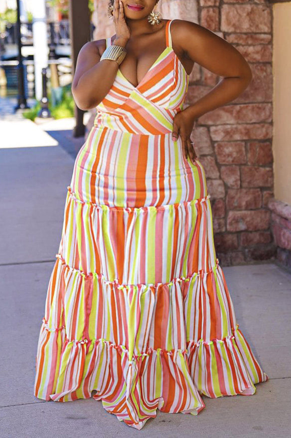[Pre-Sale] Plus Size Cami Dresses Strap Striped Maxi Dress - Fashionaviv