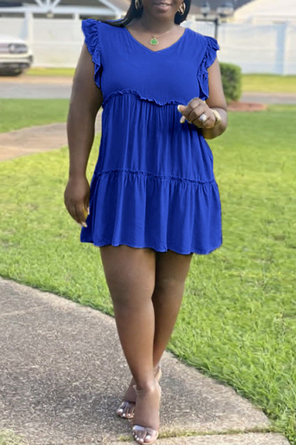 Plus Size Solid Color Casual V-Neck Sleeveless Ruffle Short Dress