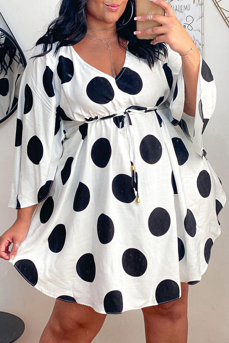 [Pre-Sale]Plus Size V Neck Polka Dot Print Mini Dress - Fashionaviv