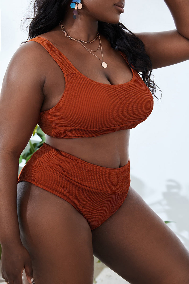 Plus Size Solid Cami High Waist Two Pieces Swimsuit Set