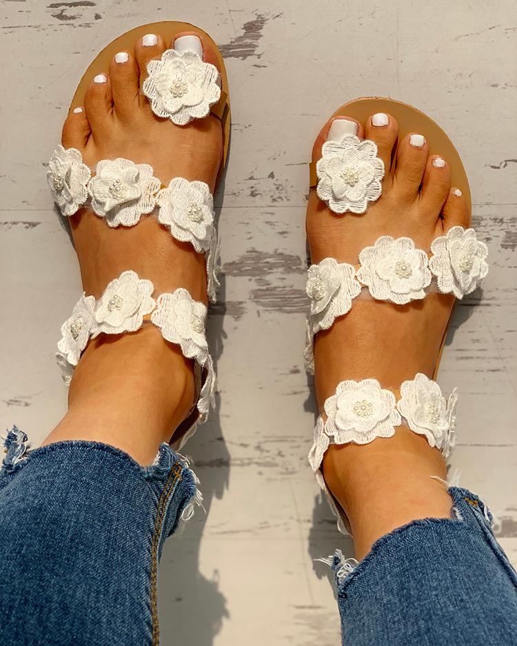 Flower Embellished Open Toe Flat Sandals